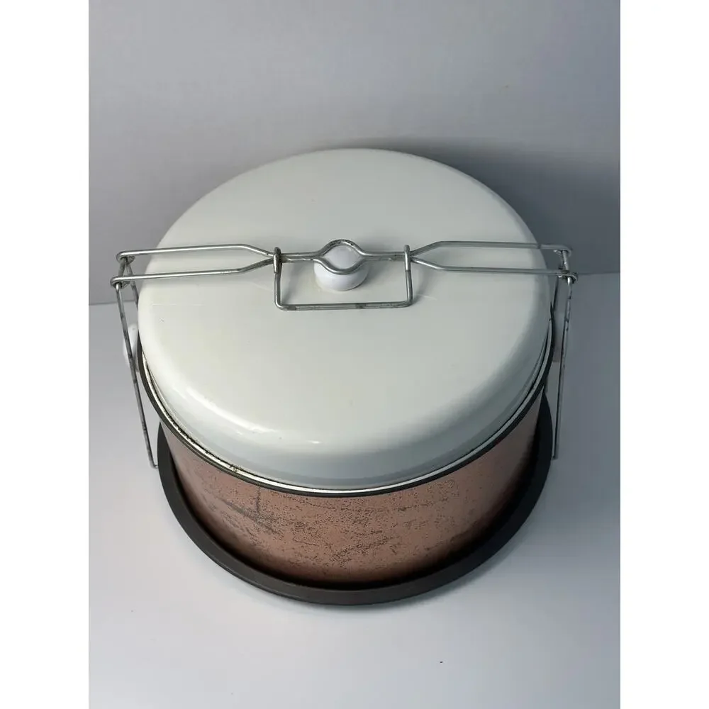 Vintage Tin Metal Cake & Pie Carrier Tote Saver Cover Copper White Mid Century